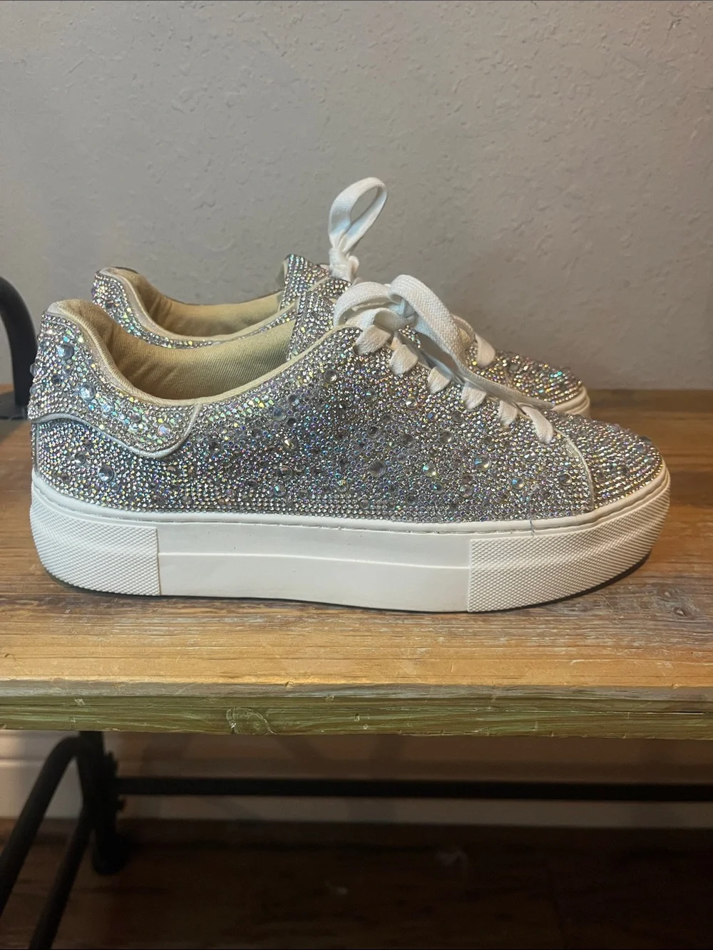 Betsey Johnson Silver Crystal Rhinestone Embellished Platform Sneakers size 6.5